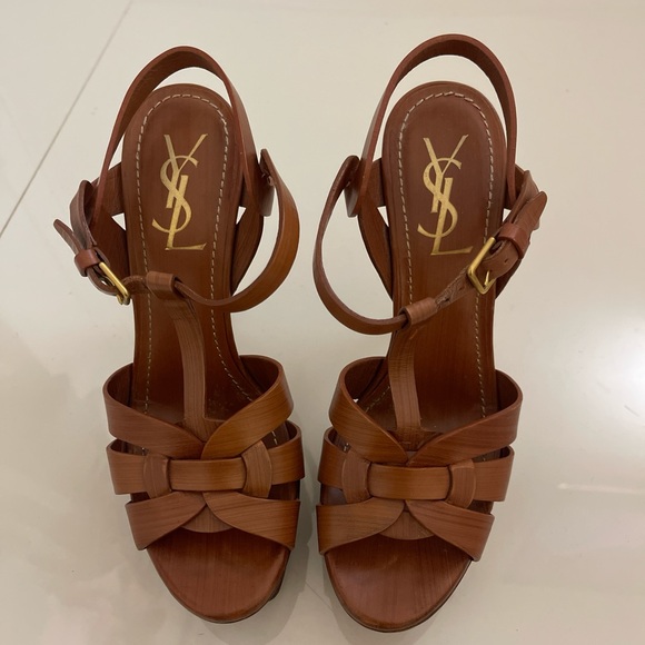 Yves Saint Laurent Tan Leather T strap Heels sandals